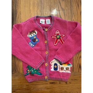 UR It Cardigan Kids 4T Pink Christmas Holiday Tree Gingerbread Applique Sweater